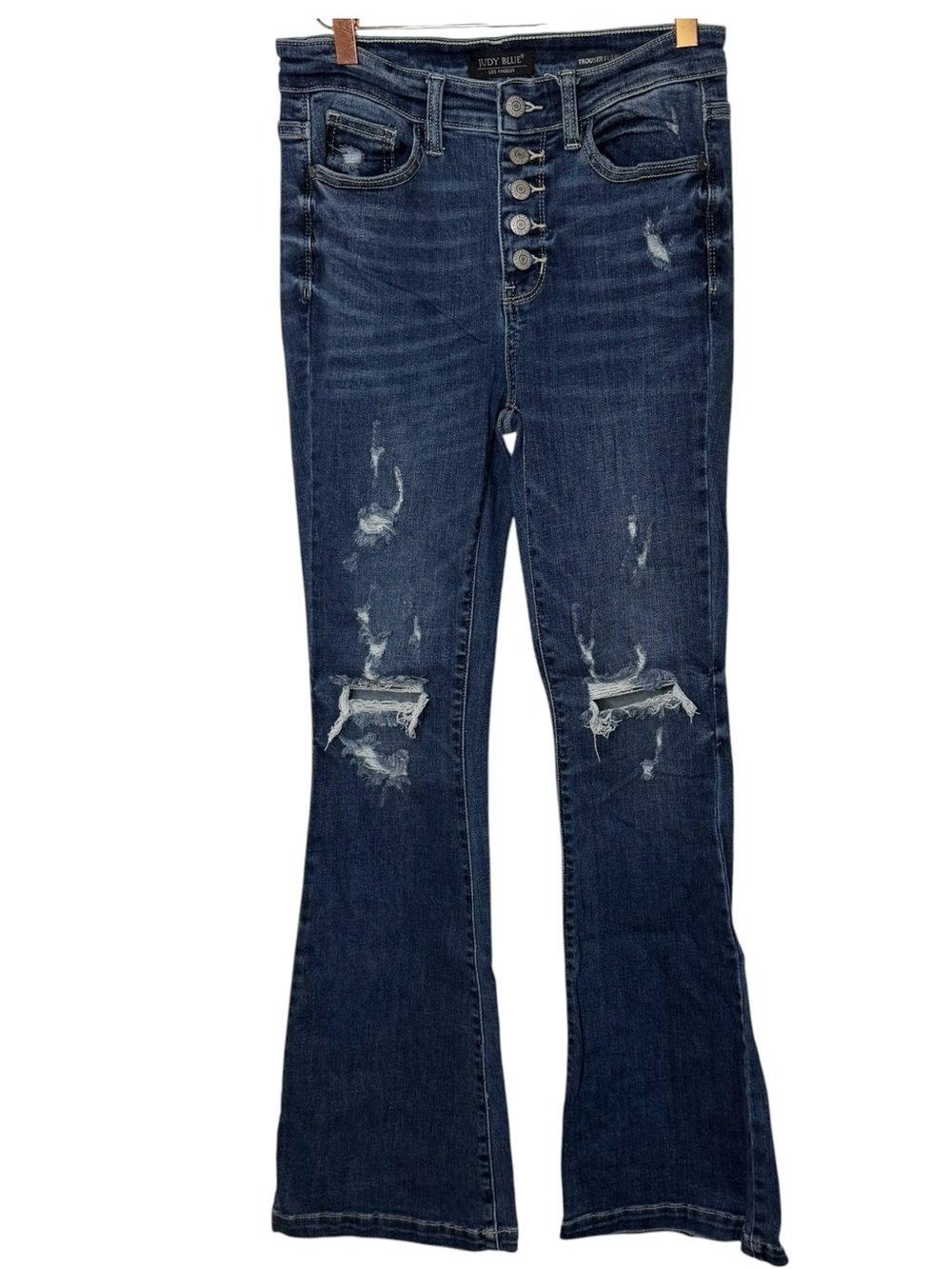 Judy Blue Dark Wash Distressed Trouser Flare Button Fly Jeans - Picture 2 of 8
